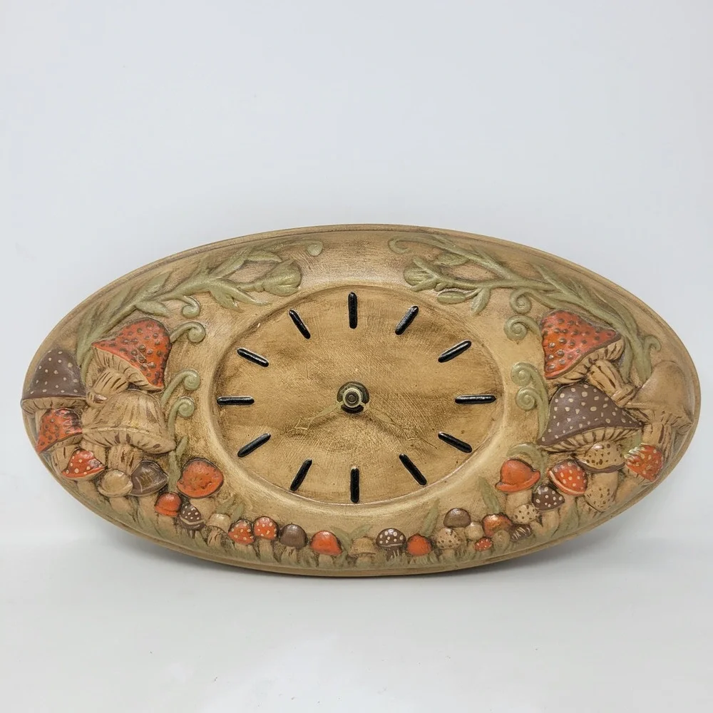 Vintage 1980 Atlantic Mold Mushroom Wall Clock Ceramic Hand Painted Retro Decor